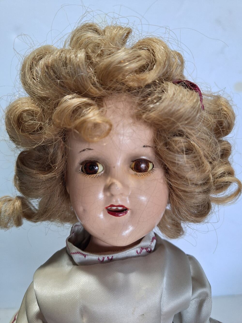 Vintage 15in Composition Ice Skater Doll Sleep Eyes Metal Blade Skates Curls